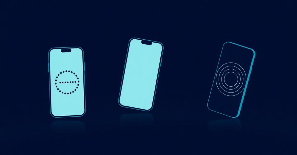 Three abstract smartphone shapes showing a progress ring, a streak of dots, and a breathing circle