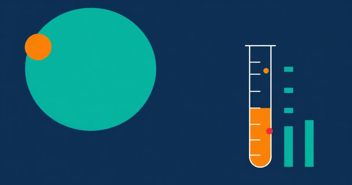 A measuring cylinder partly filled with orange beside teal tick marks on deep navy, representing nicotine strength