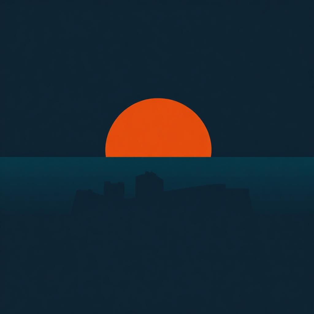 An orange rising sun over a horizontal teal line on deep navy, representing a fresh morning