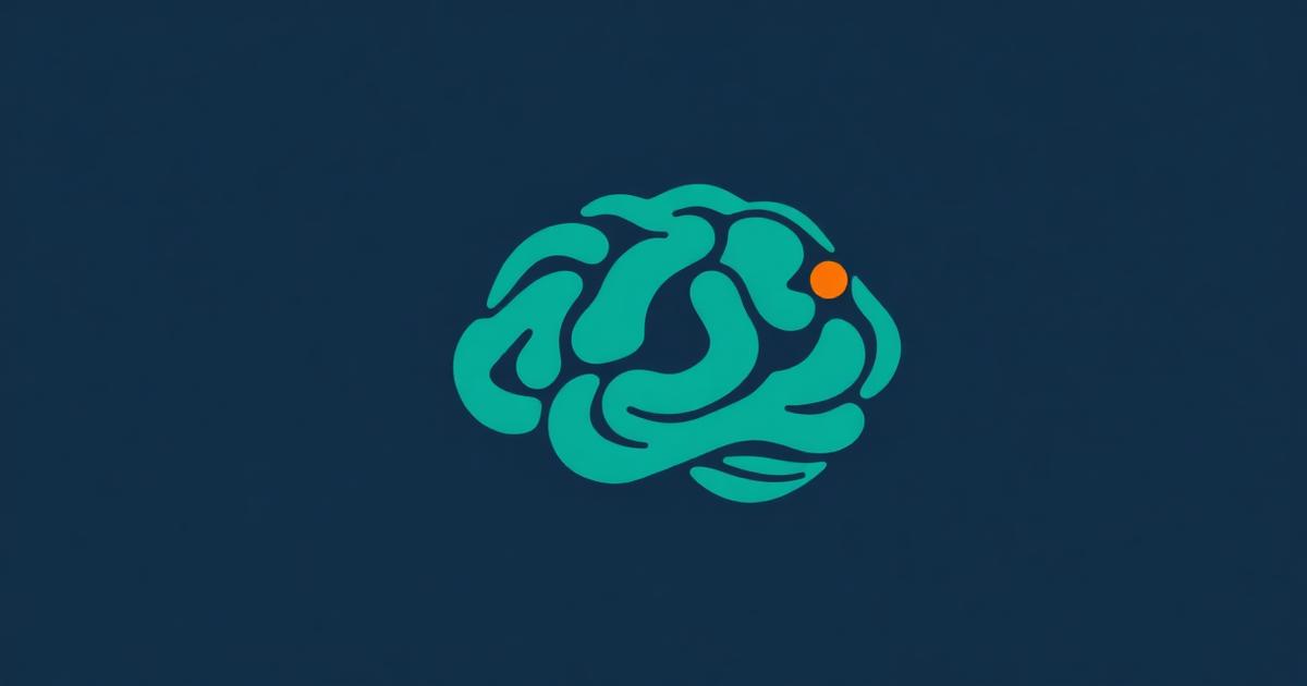 A geometric teal brain outline on deep navy with a single orange synapse dot