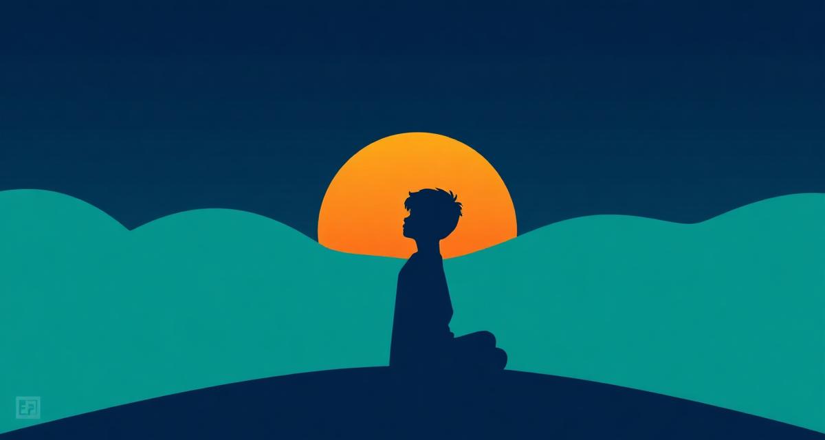 A silhouetted figure sitting calmly with an orange sunrise behind them on a deep navy background, a symbolic new beginning.