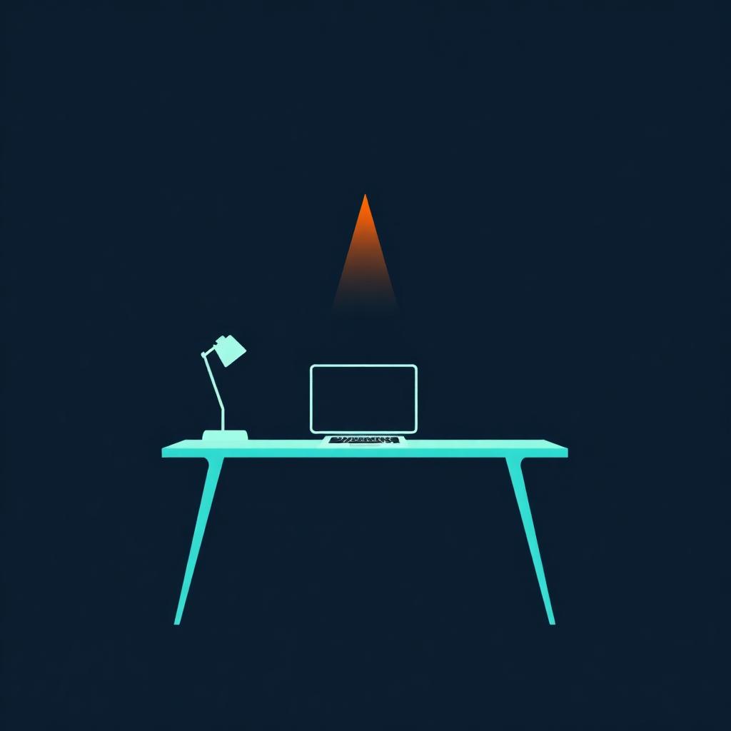 A minimal desk silhouette on deep navy with a single orange spark above it, representing a craving at work