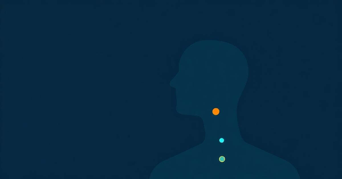 An abstract human silhouette on deep navy with teal marker dots and one orange dot at the throat